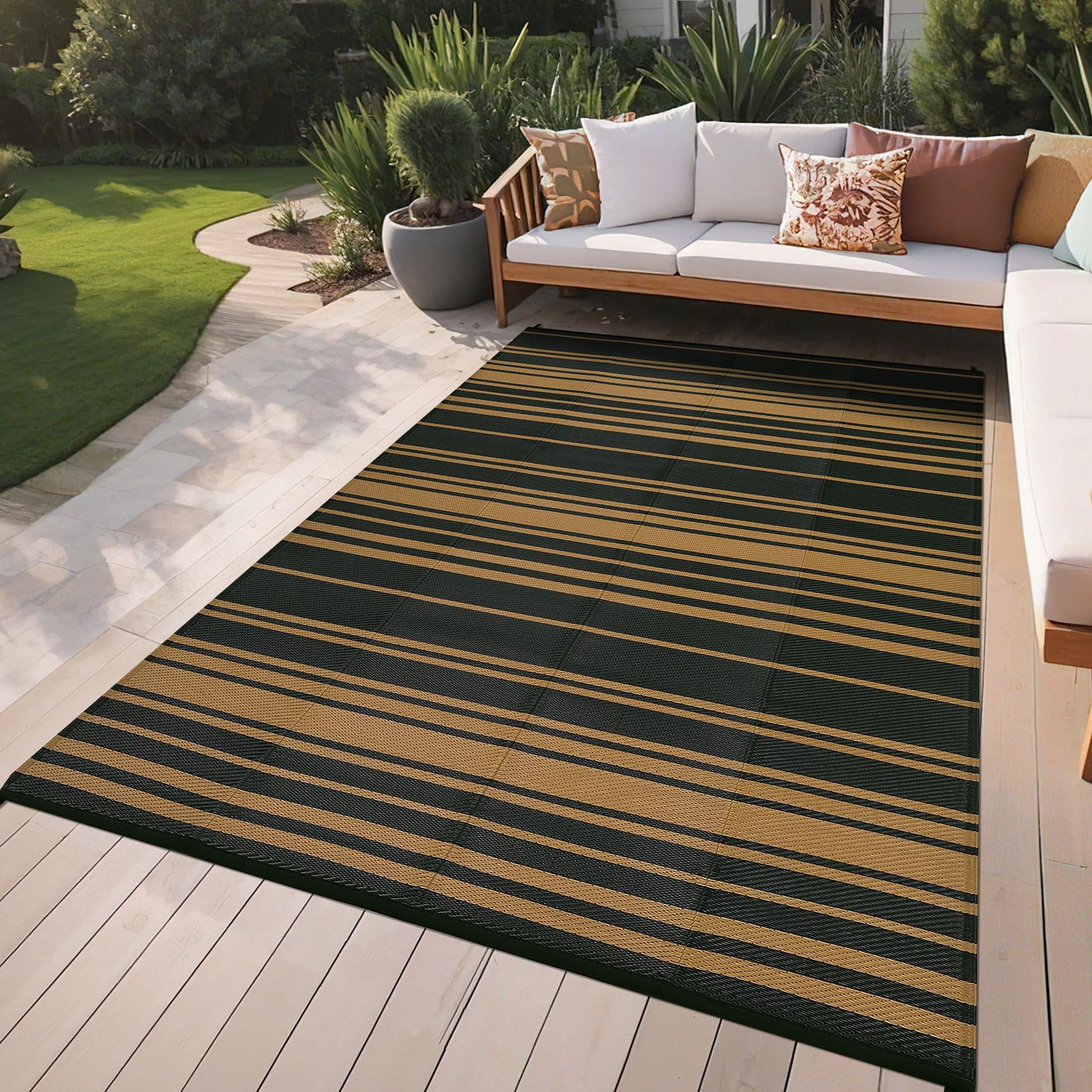 Danolapsi Outdoor Rug Mat for Patio,8x10 Plastic Straw Rug,Waterproof Plastic Straw Mats,Modern Striped Outdoor Camping Rugs for Patio,RV,Porch, Deck,Backyard,Balcony,Camping,Trailer