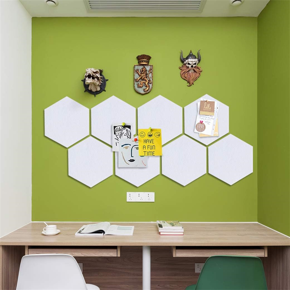 Bexikou 6 Pcs Hexagon Felt Board Tiles, Self Adhesive Wall Pin Bulletin Board with 200 Pcs Push Pins for Photos Memos Home Office Decor, White