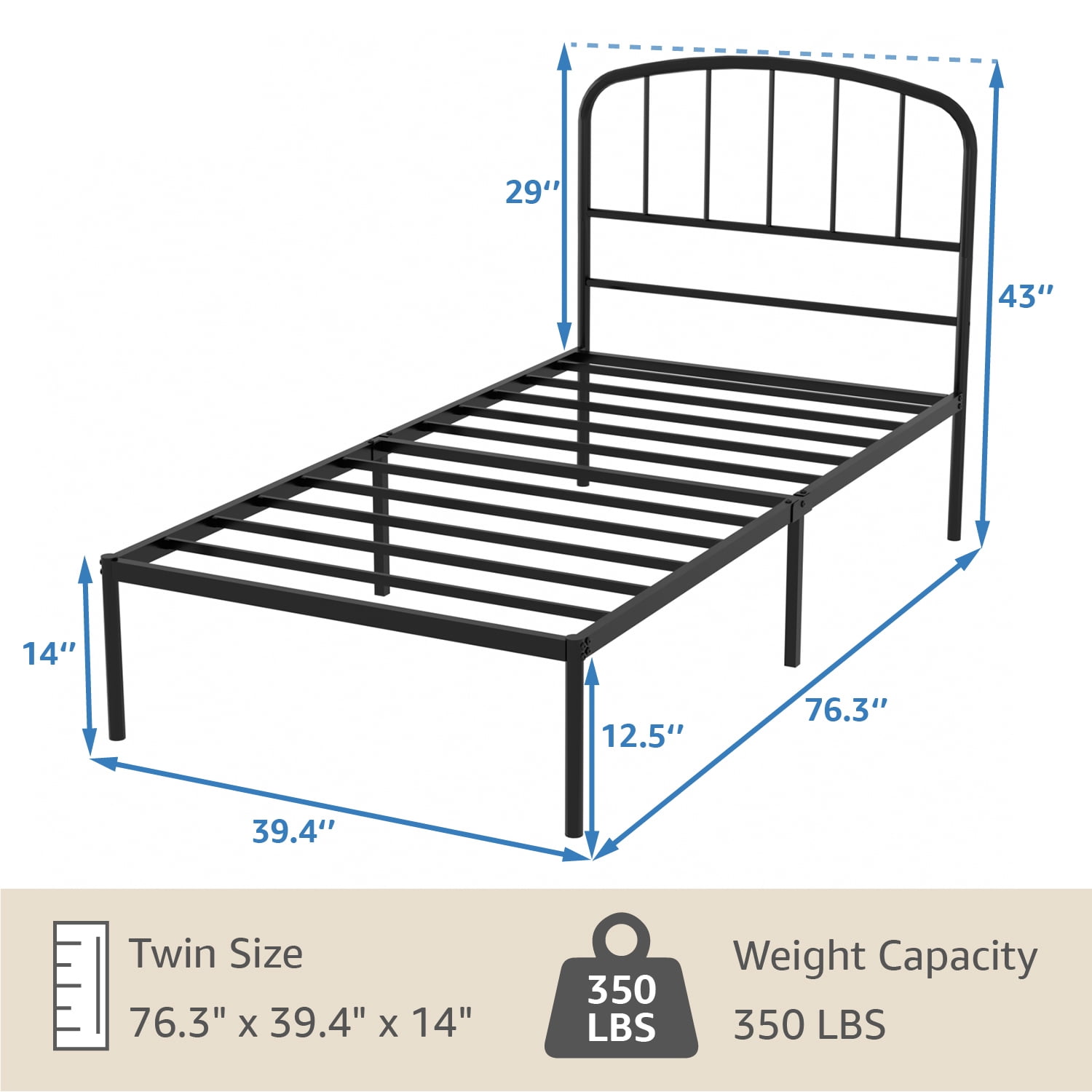 Mainstays Crew Twin Metal Platform Bed With Curved Headboard, Black Steel