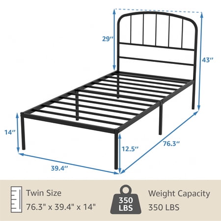 MAINSTAYS CREW TWIN METAL PLATFORM BED WITH CURVED HEADBOARD, BLACK STEEL
