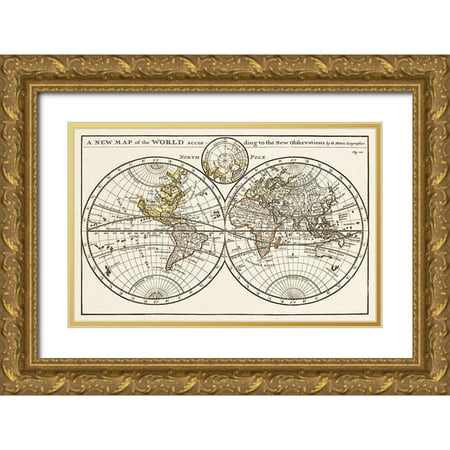 Moll Herman 32x22 Gold Ornate Wood Framed with Double Matting Museum Art Print Titled - A new map of the world according to the new observations 1732
