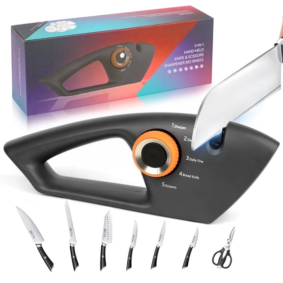 ROSYNEY 5-in-1 Kitchen Knife Sharpener, Rapid Grinding for All Knives & Scissors, 1-Back