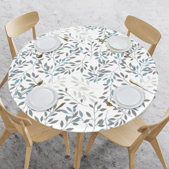 Elastic Edged Round Leaf Fitted Table Cloth Cover, Home Decorative Tablecloth for Indoor Outdoor Kitchen Party, Fits 40" - 44" Tables, Small