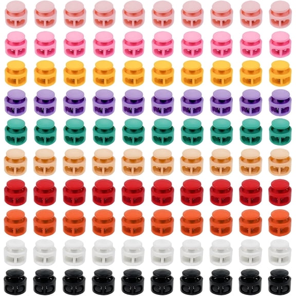 100 Pcs Assorted Color Plastic Double Hole Spring Cord Lock End Stopper Fastener Slider Toggles Clip for Parachute Buckle