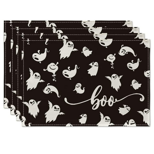 4pcs Vintage Halloween Placemats - Happy Ghost, Pumpkin, and Bird Design - Perfect for Fall Farmhouse Dining - 12x18in Table Cover - Ideal Gift and Holiday Decoration - Room and Scene Decor - Party Su