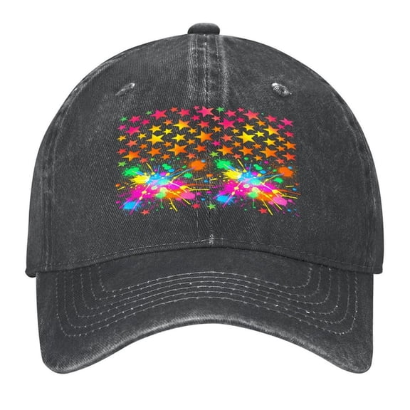 Neon Stars Baseball Cap,Adjustable Denim Hat for Women Men Teachers Mom,Black