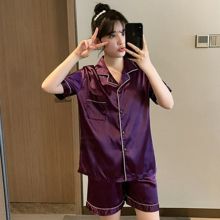 

QWZNDZGR Solid Color Couple Pajamas For Men and Women Shorts Pijama Lounge Male Home Clothes Suits Silk Satin Pyjamas Couples Pajama Sets