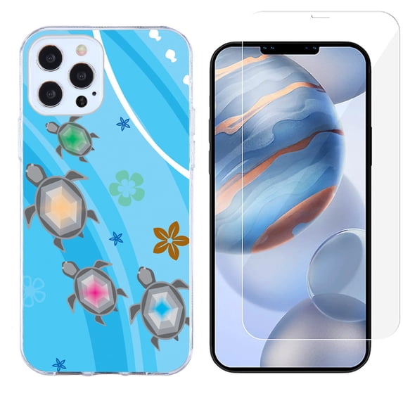 Slim-Fit Protective Phone Case compatible with iPhone 12 Pro Max, with Tempered Glass Screen Protector, by OneToughShield ® - Happy Turtle