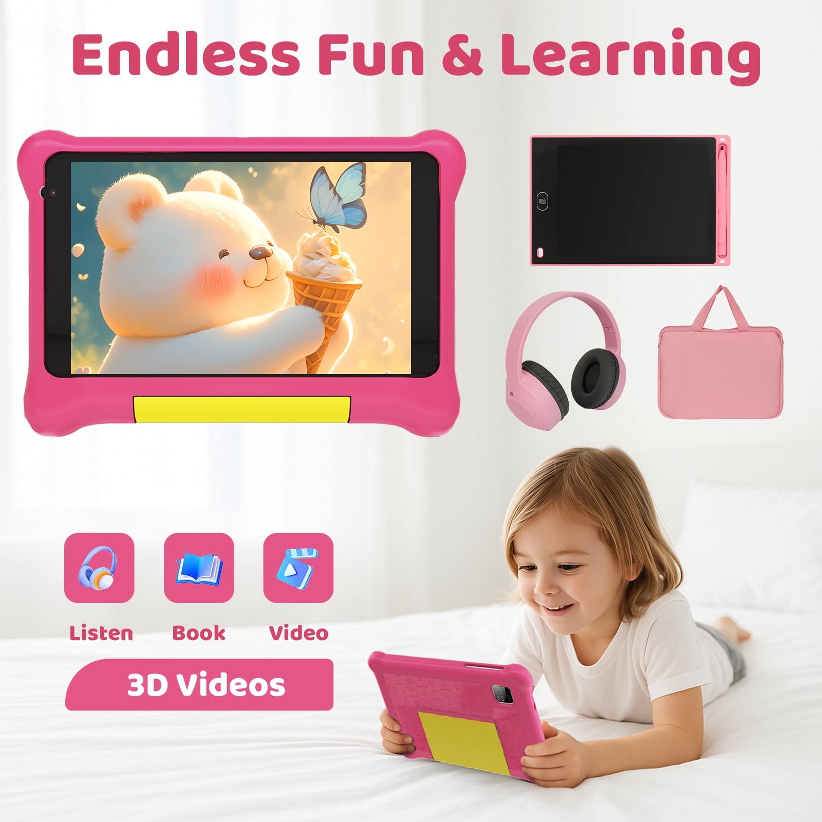 7" Kids Learning Tablet Bundle - Headphones, Stylus & Bag, Pre-Installed & Parental Controls,Android 13 allwinner Go Quad Core, 5GB RAM + 32GB ROM, 128GB Expansion-Pink