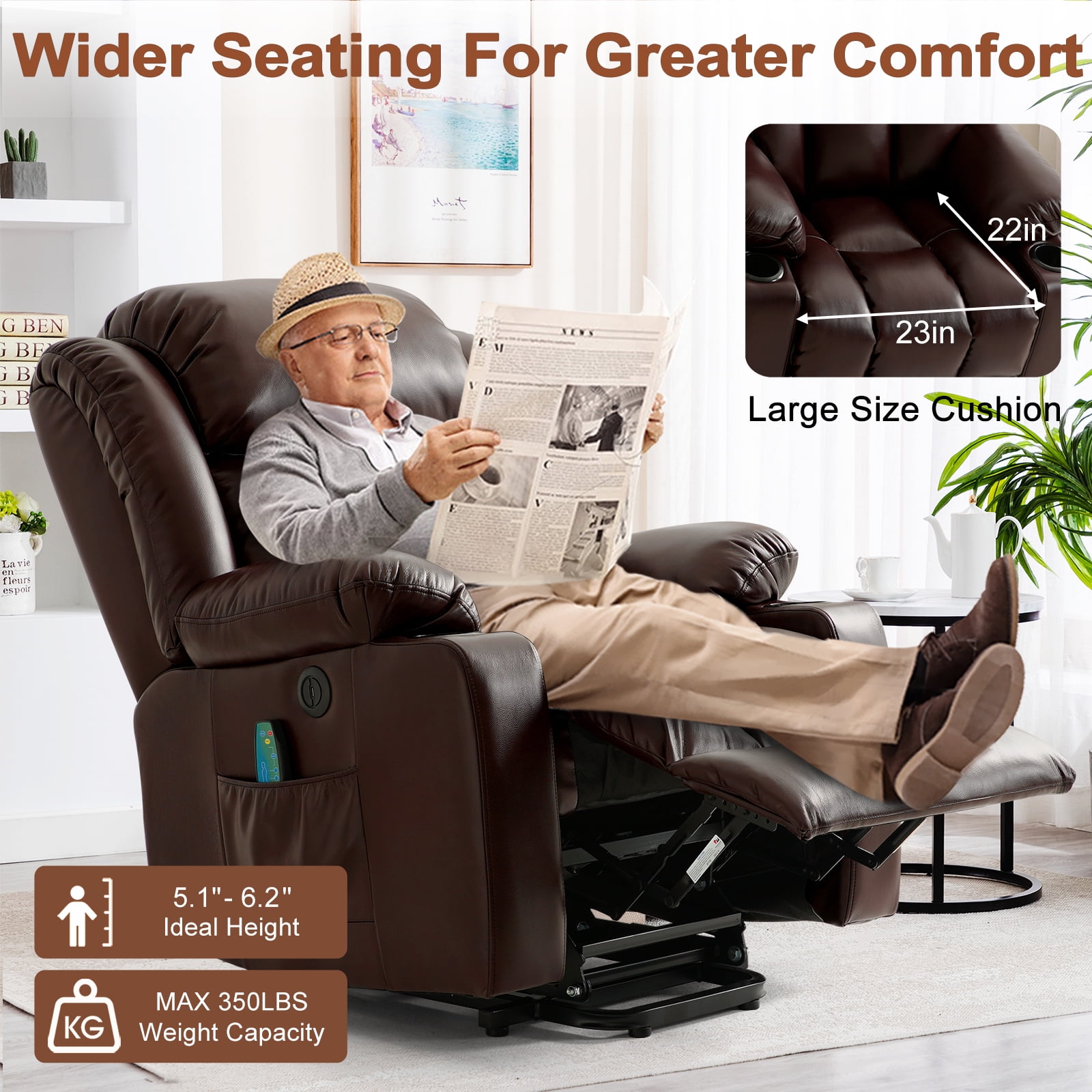 INGALIK Power Lift Recliner, Leather Electric Chair Recliners with Heating and Massage, Cup Holders, Storage, USB Charging (Brown)