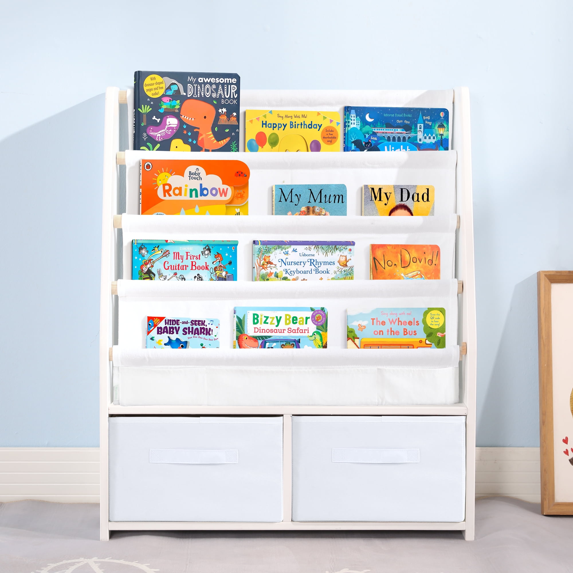 Childrens Bookshelf Kids Sling Book Rack with Two Storage Boxes and