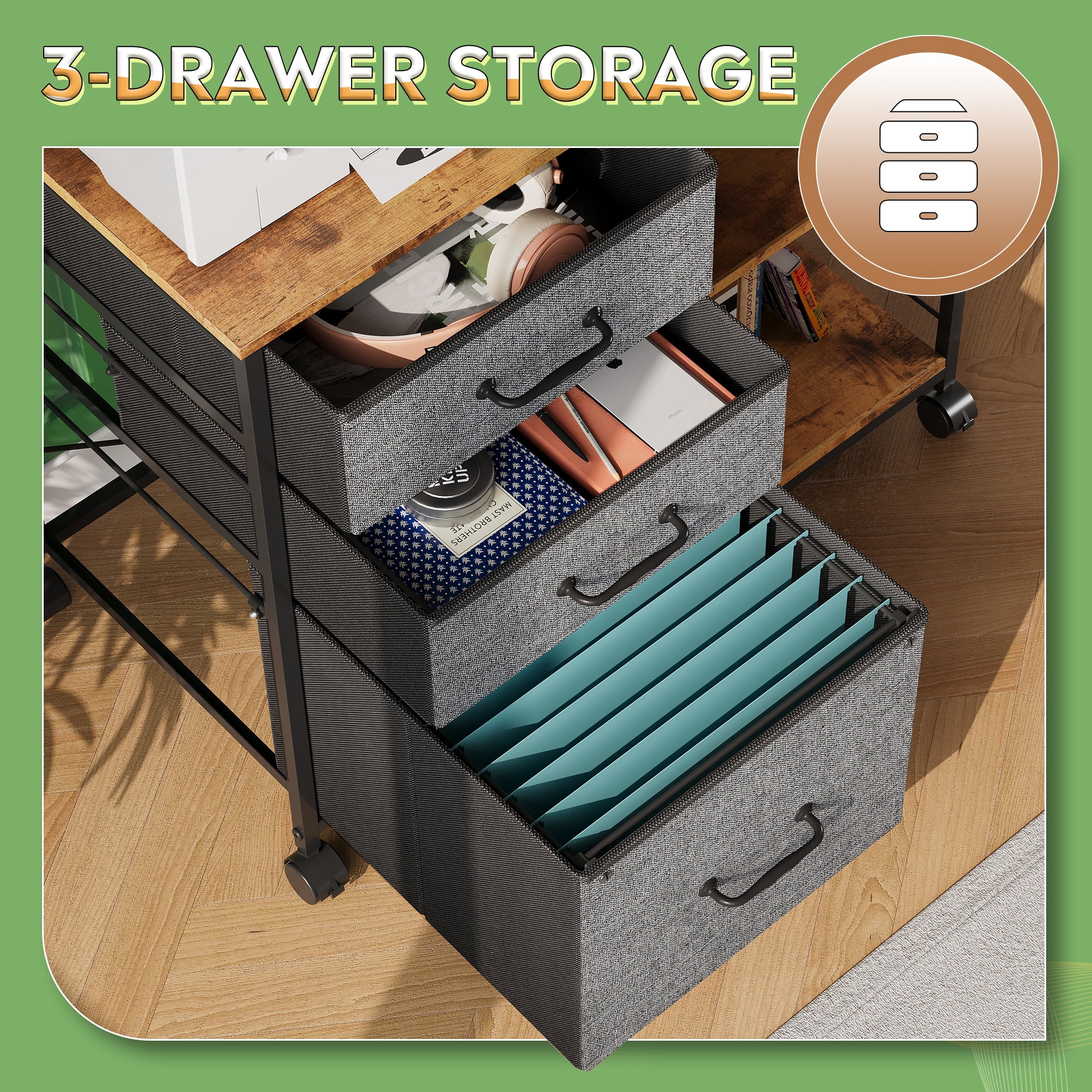 GALAXHERO 3 Drawer File Cabinet, Rolling Printer Stand with Storage, Lateral Fabric Filing Cabinet for Home Office, Fits Letter/A4, Rustic Brown