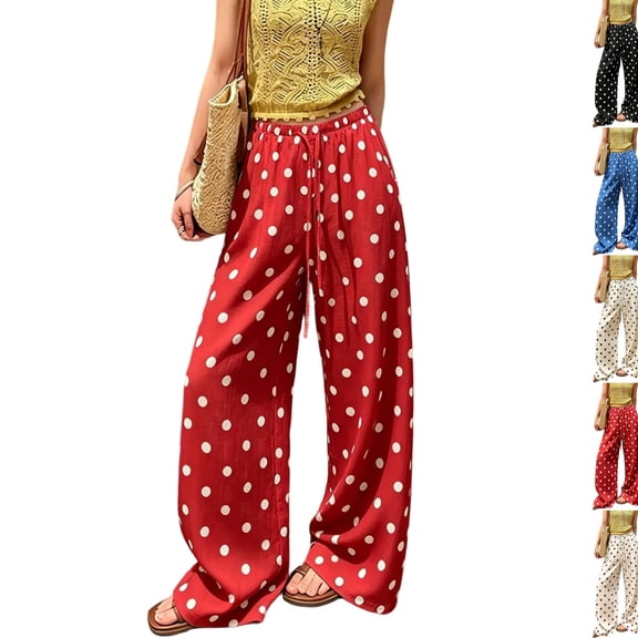 Polka Dot Pants for Women Wide Leg Sweatpants 2026 Fall Baggy Casual High Waisted Drawstring Sweat Track Pants Red L