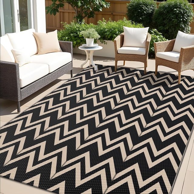Alfombra Exterior OLANLY Impermeable 150x240 cm Negra y Beige