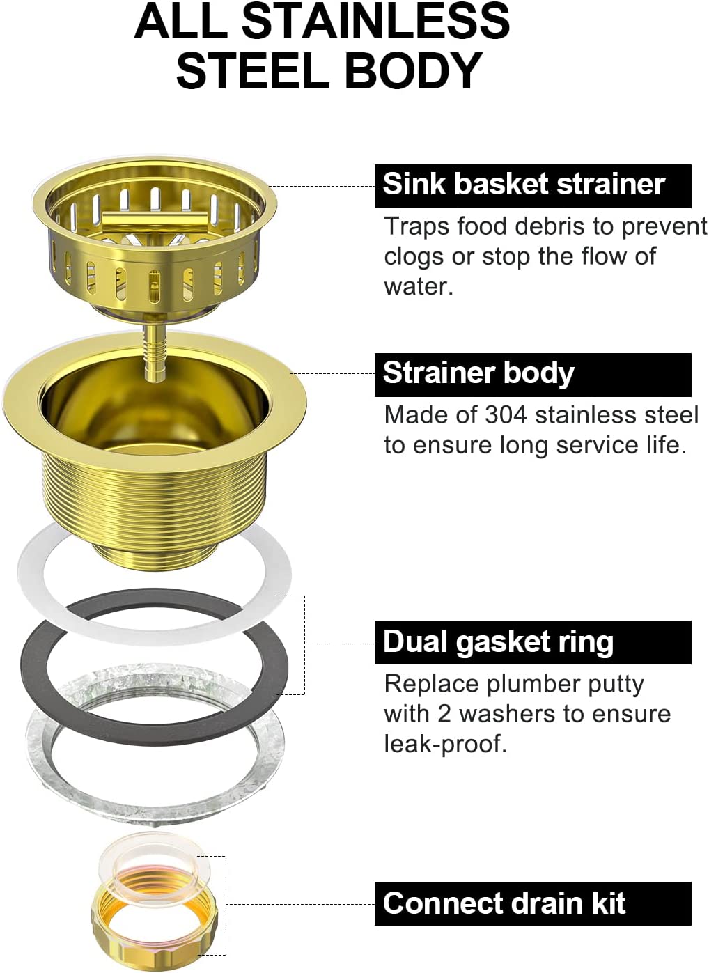 Gold Kitchen Sink Drain Kit 3 1/2 Sink Strainer for Kitchen Sink with Stainless Steel Strainer Stopper Drain Assembly Basket Strainer Fit Standard Sink Drain Hole