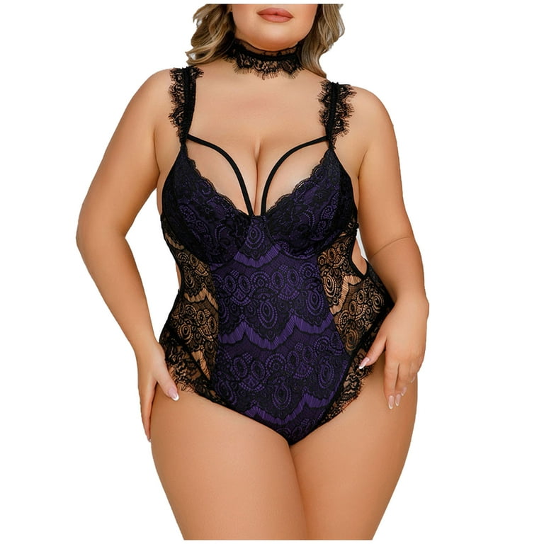 Homadles Plus Size Lingerie for Women- Sexy Lace Cutout Sleepwear Soft One  Piece Lingerie Sets Purple XXXXL