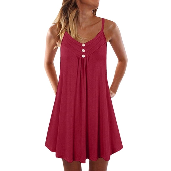 EANJE Women Summer Sleeveless Casual Sundress Loose Fit V Neck Button Front Short Dresses Spaghetti Strap Beach Mini Dress With Pockets Red XL