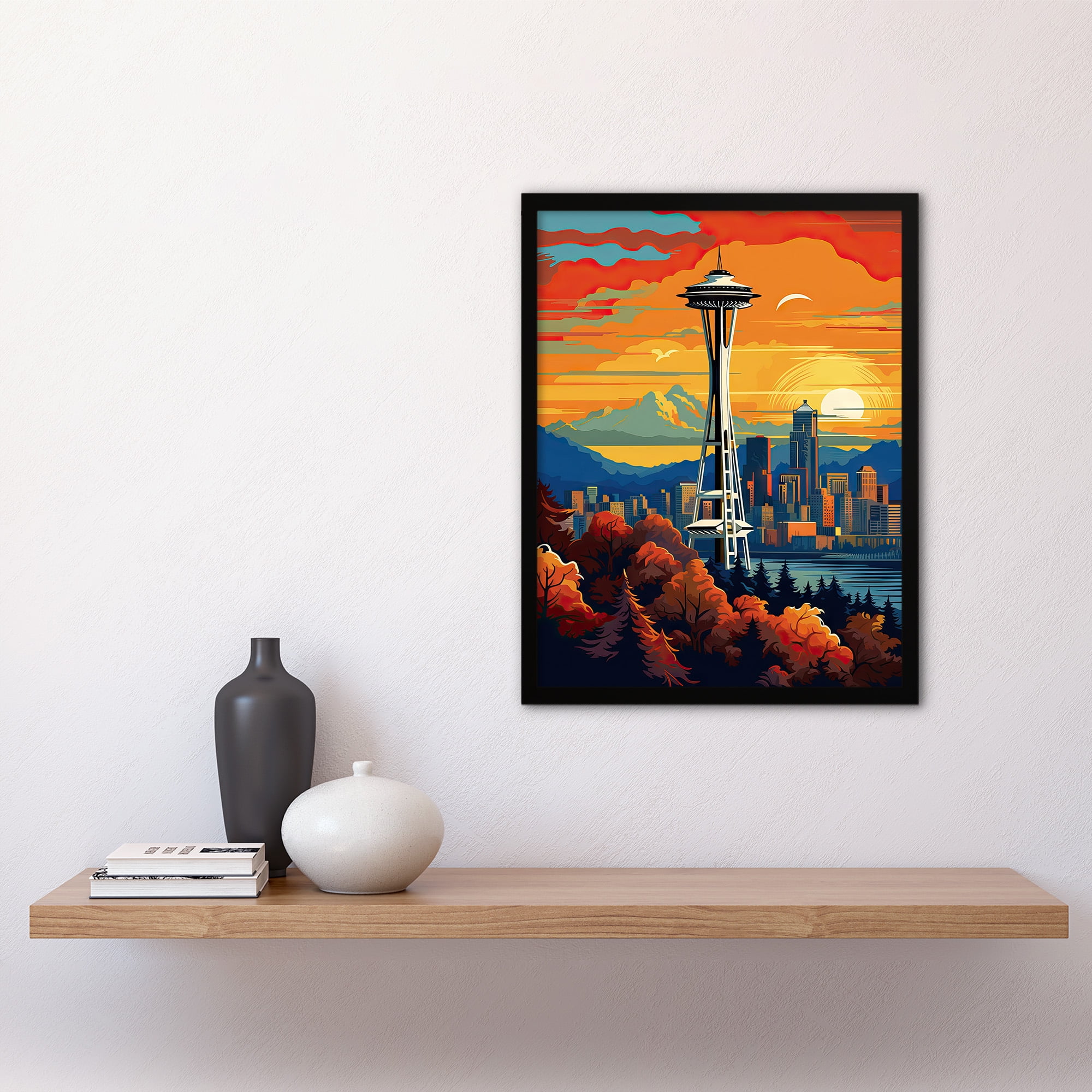 Seattle Washington The Space Needle Funky Modern Painting Large Wall Art  Poster Print Thick Paper 18X24 Inch
