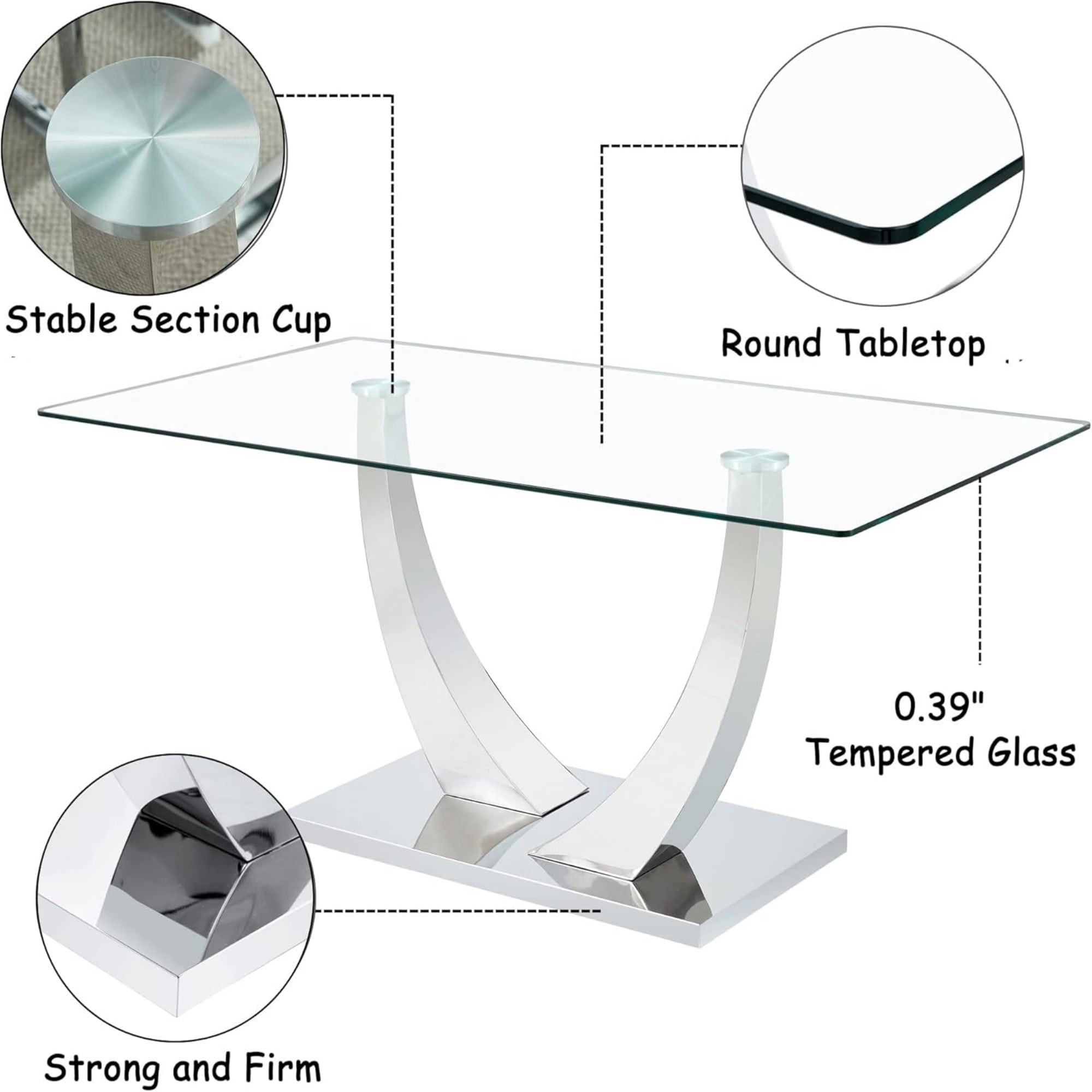 SUDICA Dining Table Set, 7-Piece 63" Rectangular Tempered Glass Top, Silver Metal U Base, 6 Black PU Leather Chairs, Dining Room
