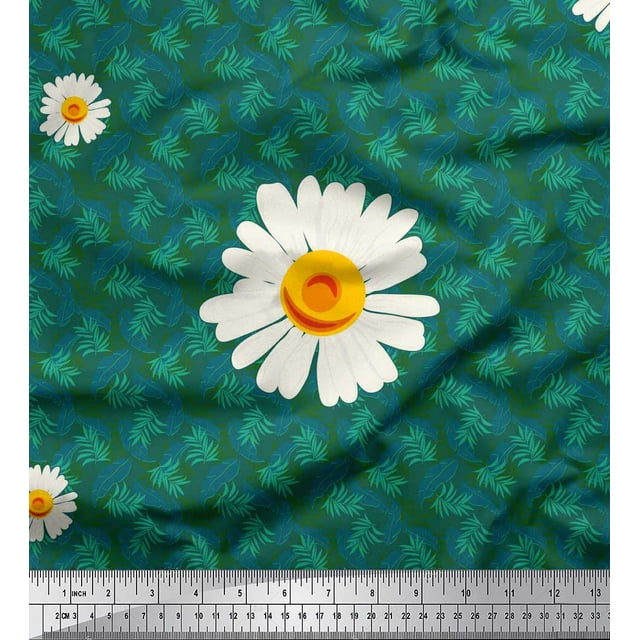 Soimoi Moss Georgette Fabric Leaves & Daisy Flower Decor Fabric Printed Yard 42 Inch Wide