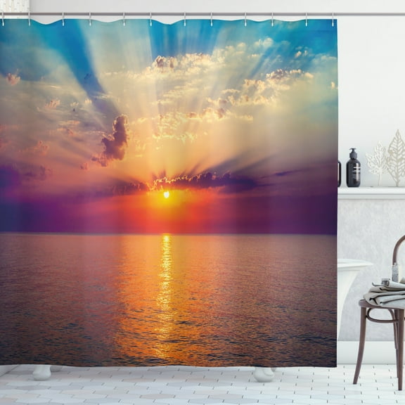 Ocean Shower Curtain, Majestic Sunrise in Tranquil Sea Horizon Dawn Rays Clouds Water Reflection, Fabric Bathroom Set with Hooks, 69W X 75L Inches Long, Orange Purple Blue, by Ambesonne