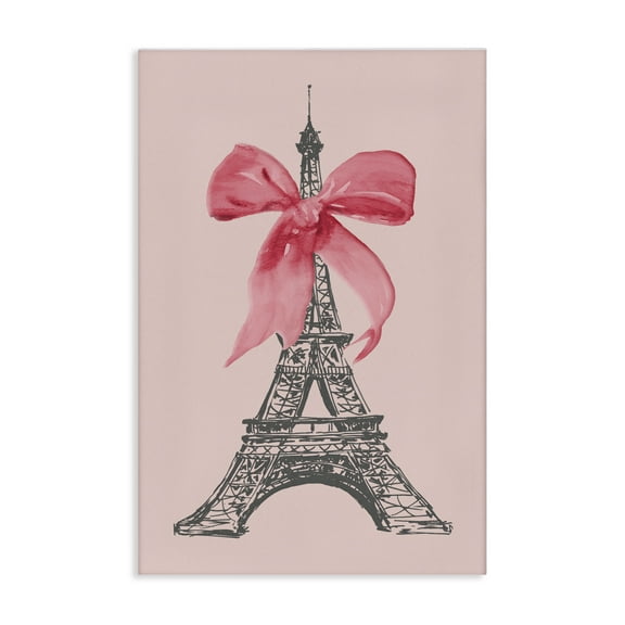 Stupell Industries Pink Bow on Eiffel Tower Buildings & Architecture Painting Wrapped Canvas Art Print Wall Art, 16 x 24