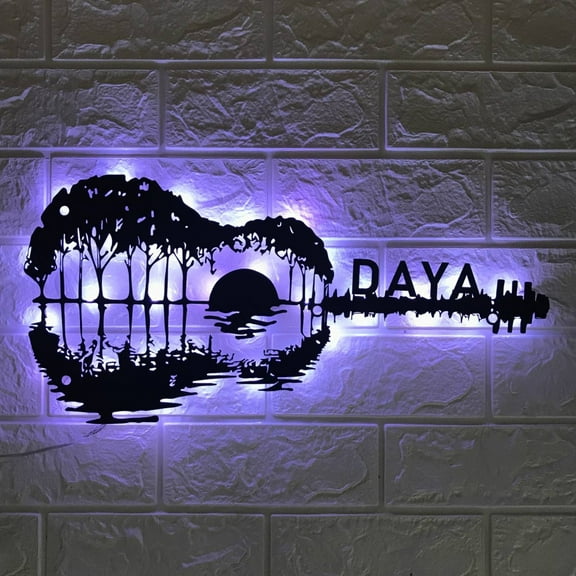 Handmadetneonsign Custom Lake Sun Reflection Guitar Metal Wall Art LED Light - Guitarist Sign Home