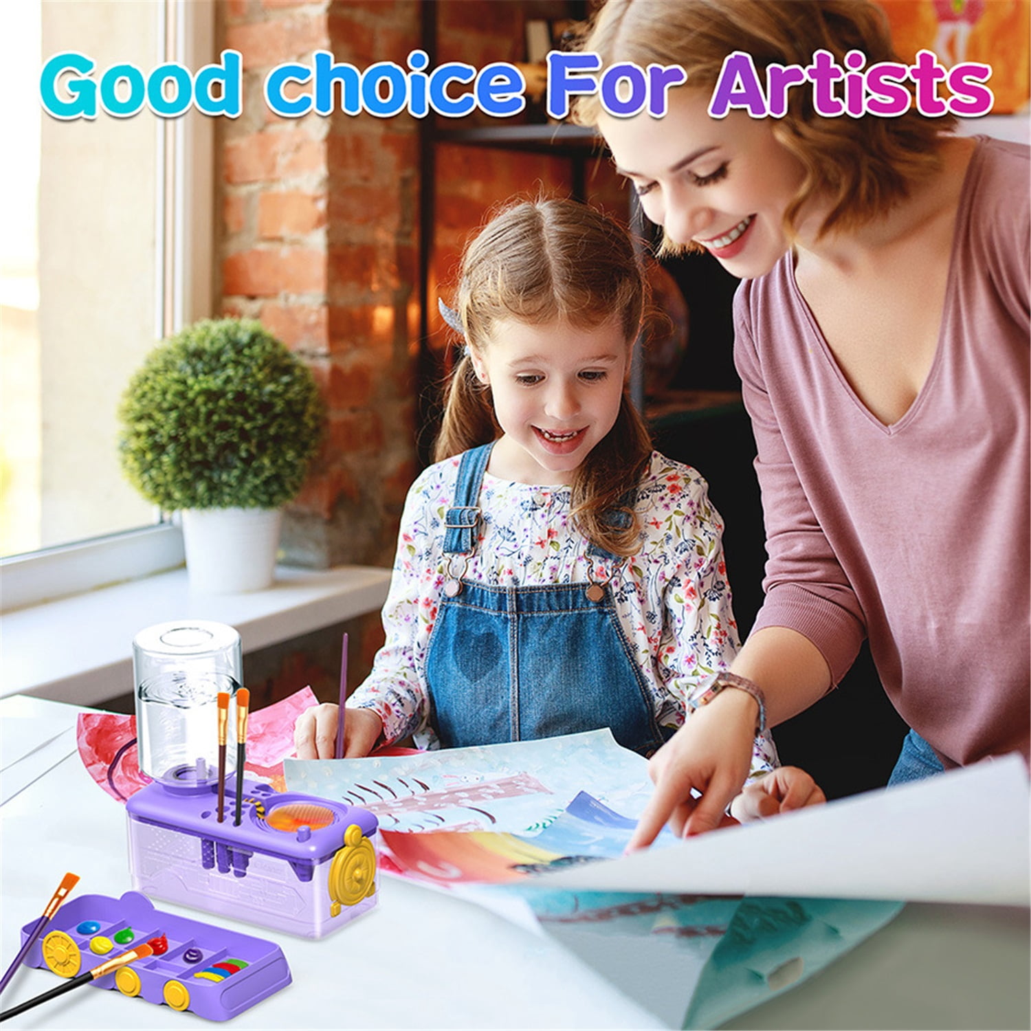 Professional 29-Piece Art Set: Train-Shaped Automatic Water-Cycle Paint Brush Cleaner with Palette and 28 Premium Nylon Paintbrushes for Kids, Students, and Artists
