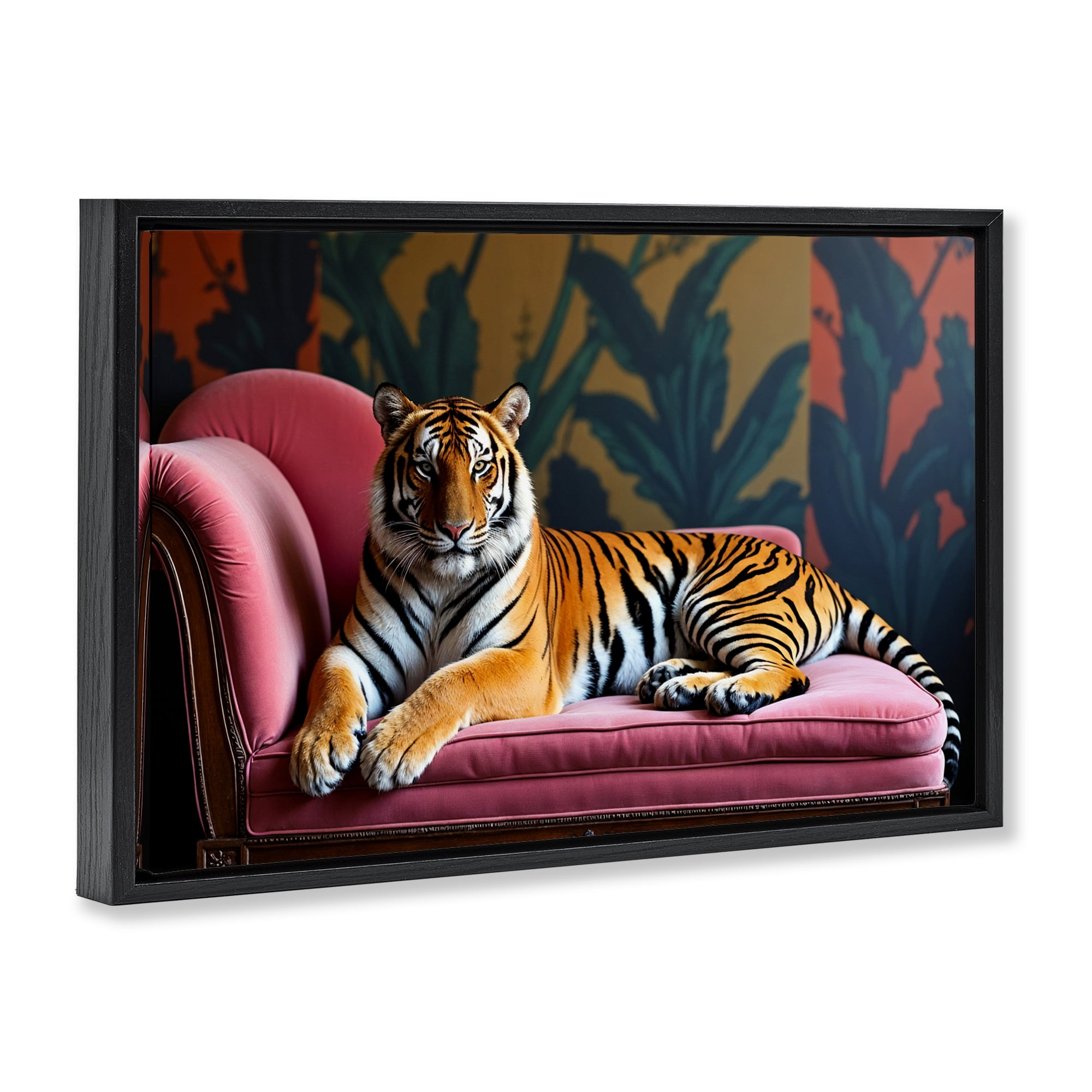 Exotic Tiger Lounging Black Framed Floater Canvas Wall Art, design by Lettered and Lined