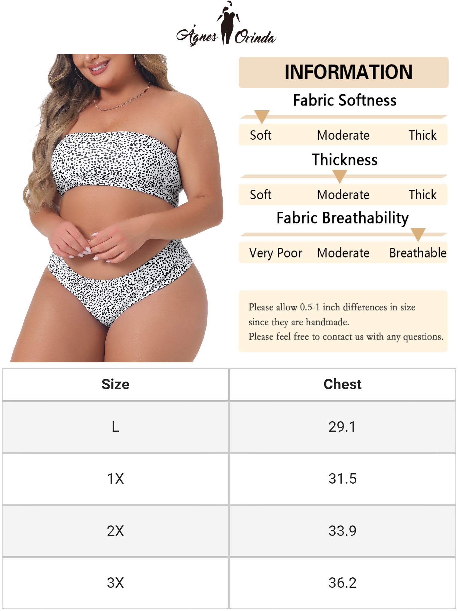 DARING DIVA Women's Plus 2pcs Bandeau Bikini High Waist Bathing Suit 1X White