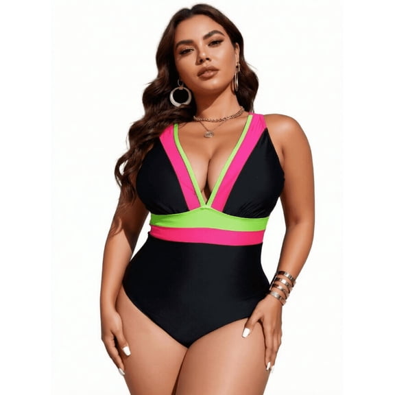 Plus Size Tummy Control One Piece Swimsuit – Black, Hot Pink and Neon Green Color Block Bathing Suit, Perfect for Summer Vacation and Poolside Lounging