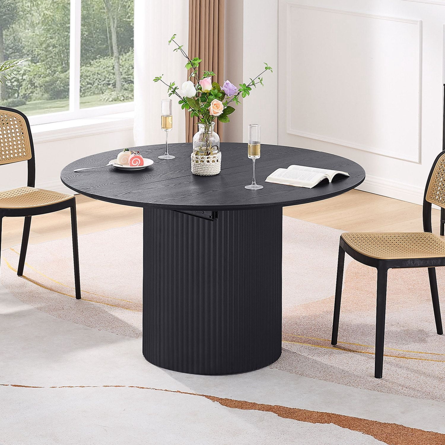 Asteroutdoor Expandable Dining Table, Solid Top Extending Table for Kitchen, Dining, Living Room, Black