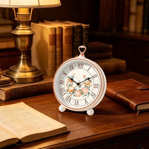 20.5cm Vintage Floral Alarm Clock, Silent Non Ticking Small Desk Clock with Handle, Decorative Round Quartz Clock for Bedroom Office Home Decor