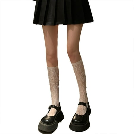 

Women Girls Summer Thin Mesh Calf Socks Japanese Preppy Style Anime Lolita Sweet Floral Lace Jacquard Sheer Fishnet High Tube Stockings