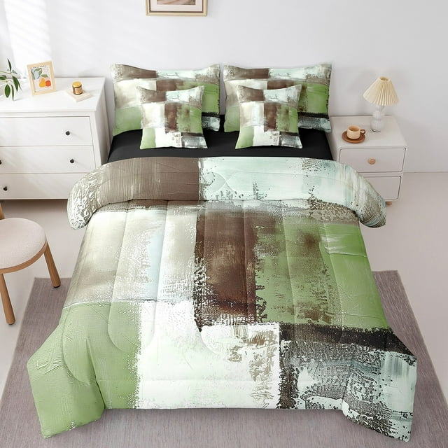 YST Green Brown Gradient 7-Piece Comforter Set, Aesthetic Oil Painting, Queen