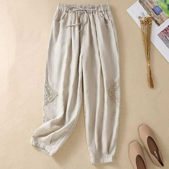 Frostluinai Harem Pants for Women Elastic Waist Drawstring Baggy Pants Embroidered Cotton Linen Vintage Pants Solid Color Pants with Pockets