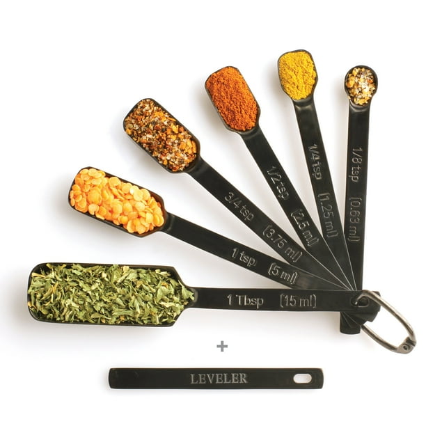 Black Measuring Spoons Set of 7 Includes Leveler Premium HeavyDuty