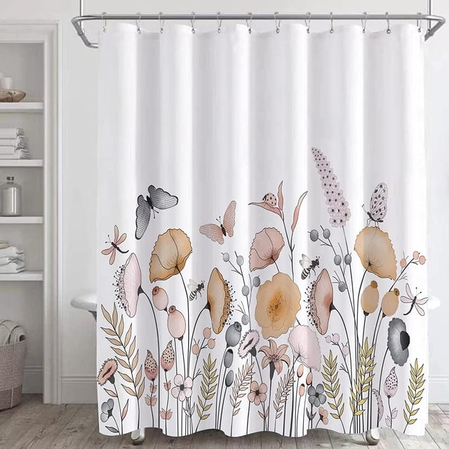 Cortina de ducha floral, diseño de amapolas blancas con acuarela, con 12 ganchos, 183 x 183 cm, tela impermeable.