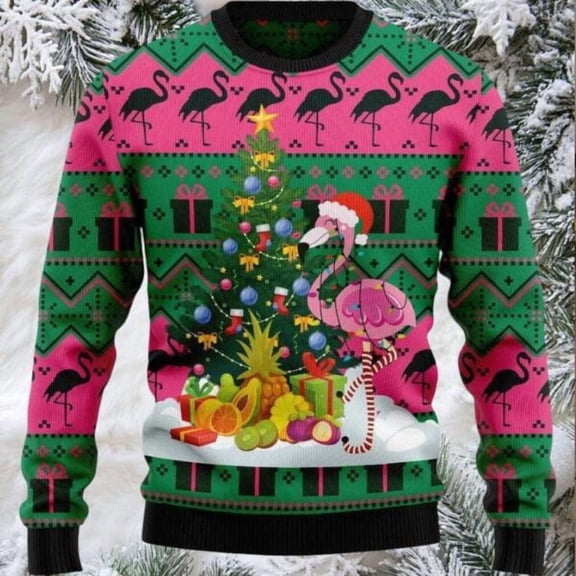 Pink Flamingo With Colorful Light And Pine Tree Gift For Christmas Christmas Sweater