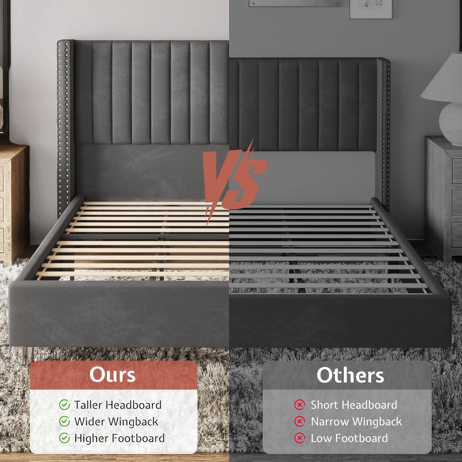 VanAcc Queen Velvet Tufted Upholstered Platform Bed Frame with Headboard , No Box Spring Needed, Grey