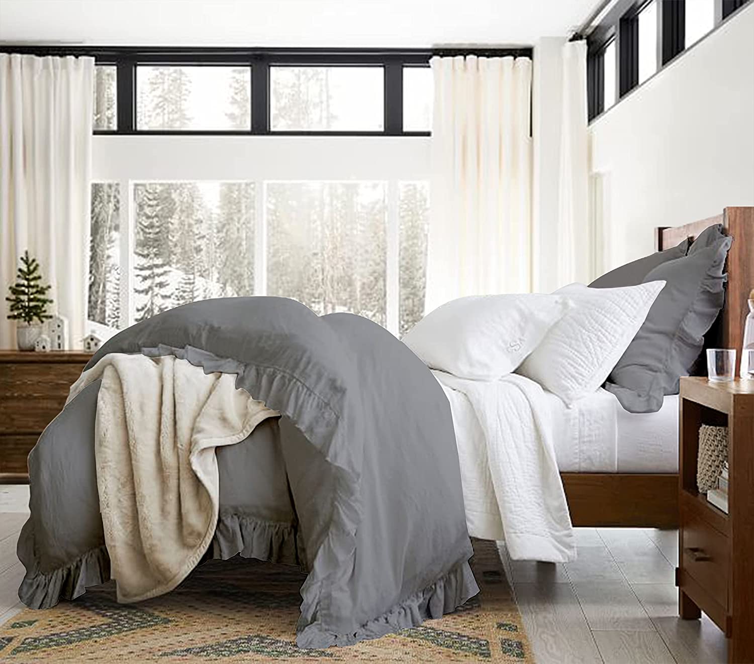 Delara Organic Cotton Duvet Set, 300 Thread Count, GOTS Certified, 3-Piece Ruffled Duvet cover with 2 Shams