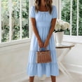 thumbnail image 5 of Asxite Summer Dresses for Women Casual Solid Straight Neck Short Sleeve Midi Sundress, 5 of 6