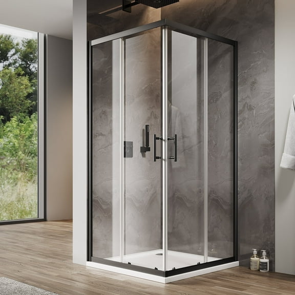Sunny Shower 36" W x 36" L x 72" H Corner Entry Shower Enclosure Sliding Shower Doors Black Finish Framed with 1/4 in. Clear Tempered Glass
