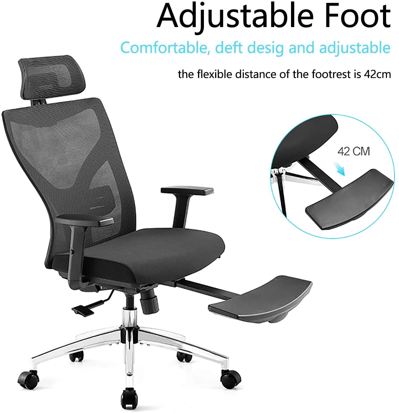 Ergonomic Office Chair, High Back Desk Chair with Adjustable Lumbar Support & Thick Seat Cushion, 135Reclining & Rocking Mesh Computer Chair with Footrest, Adjustable Headrest, Armrest (Black)