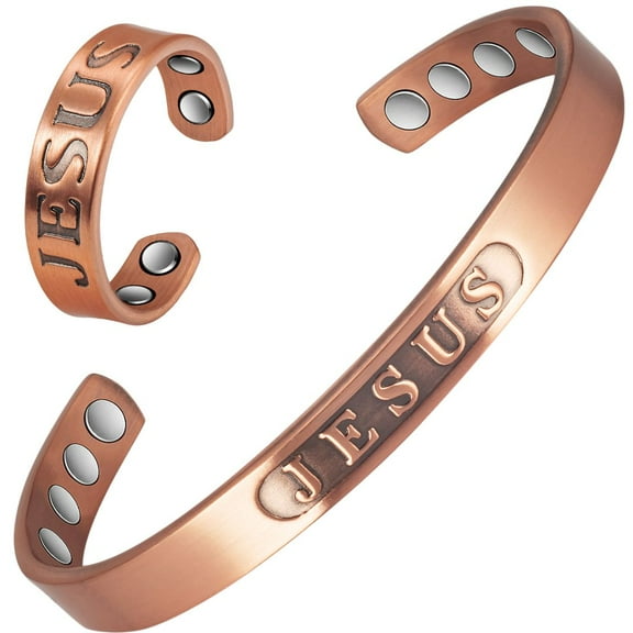 Wollet Magnetic Jesus Copper Bracelets Bangels& Rings for Women, Set of 2 , Christmas Gift