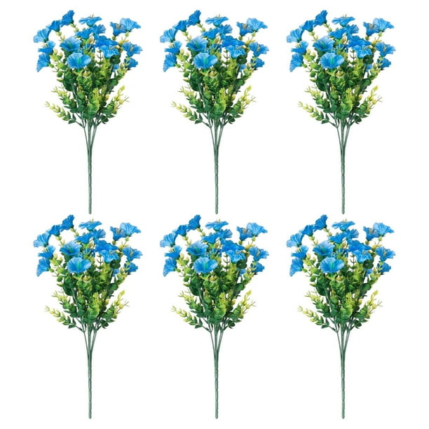 Paquete de flores de seda de gloria de la mañana artificial | Paquete de 6 realistas para exteriores | Flores falsas resistentes a la intemperie para patio, jardín, patio | Moldeado por inyección