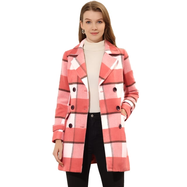 Abrigo De Cuadros De Invierno Con Doble Botonadura Y Solapa Con Muesca Para Mujer Rosa M
