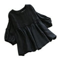 thumbnail image 2 of Usmixi 2023 Summer Cute Tees Summer Shirt for Women Elbow-Length Crewneck Casual Trendy Tops Solid Hollowed Loose Cotton Linen Hem Blouse Black XXL, 2 of 6