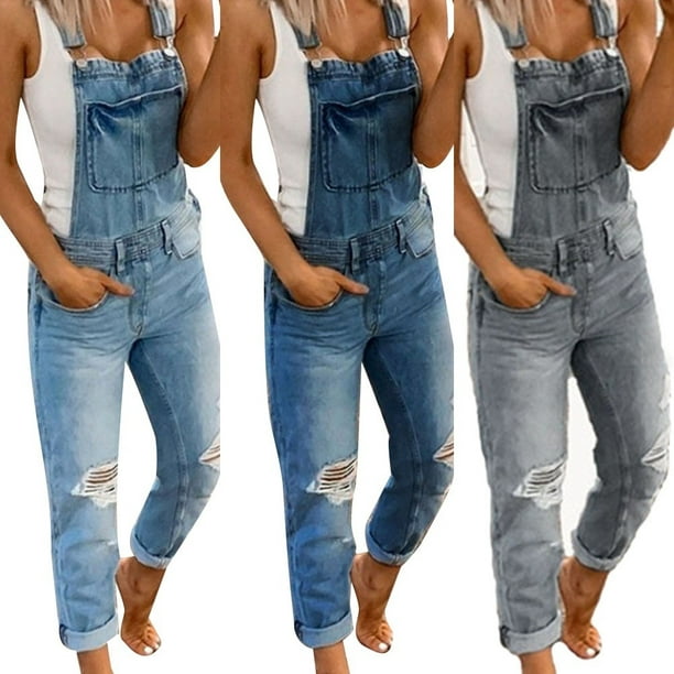 Women Loose Dungarees Strappy Romper Ladies Overalls Jumpsuit Ripped Jeans  