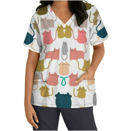 

Ozmmyan Womens Scrubs Tops Short Sleeve V-neck Tops Working Uniform Floral Print With Three Pockets Blouse Clearance